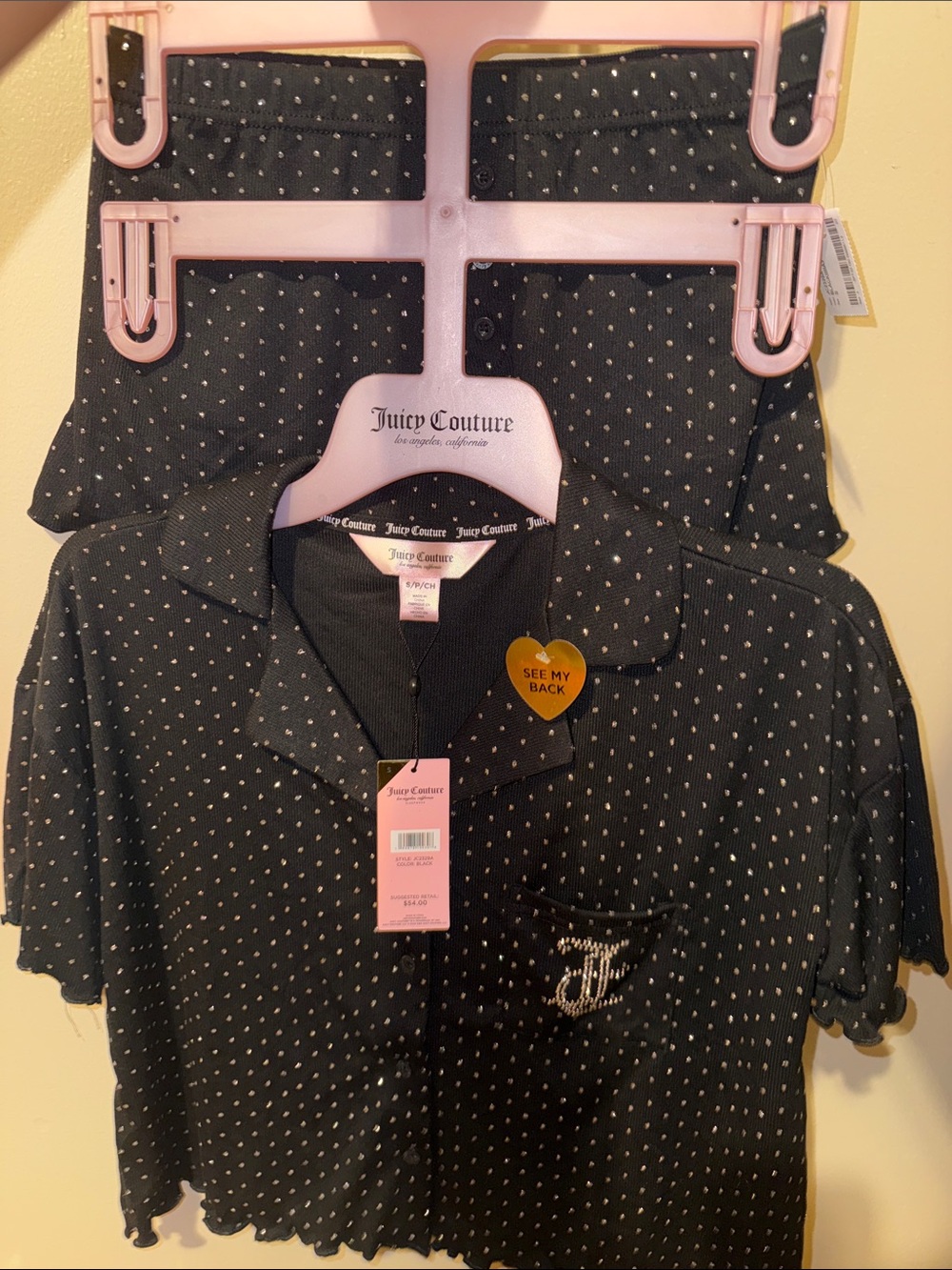 Juicy Couture Black Polka Dot Button-Front Pajama set with Rhinestones